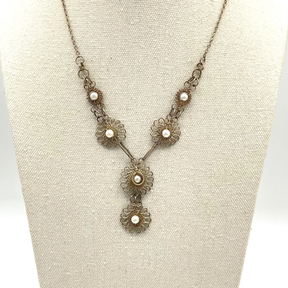 Vintage Filigree Flower Pearl Necklace Y Drop Pendant Delicate Chain